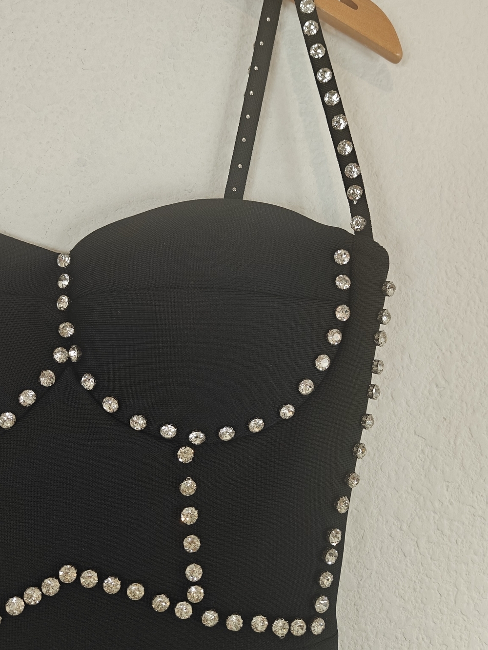 Crystal Embellished Bustier Bodycon Mini Dress Black Sparkle Corset Night Out SM - Picture 9 of 15